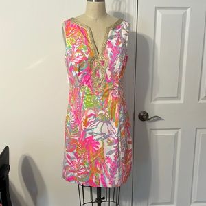 Lilly Pulitzer Janice Scuba To Cuba Print Gold Shift Dress